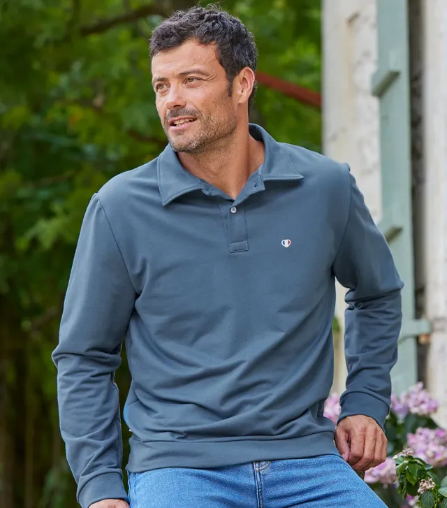 Cocorico Iconique sweat polo homme azur coton