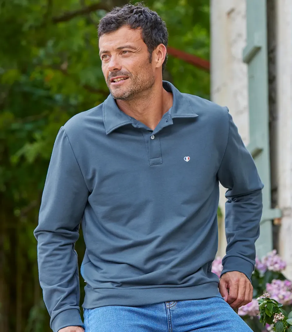Cocorico Iconique sweat polo homme azur coton