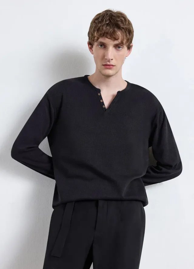 Calliope T-shirt serafino waffle homme manches longues uni