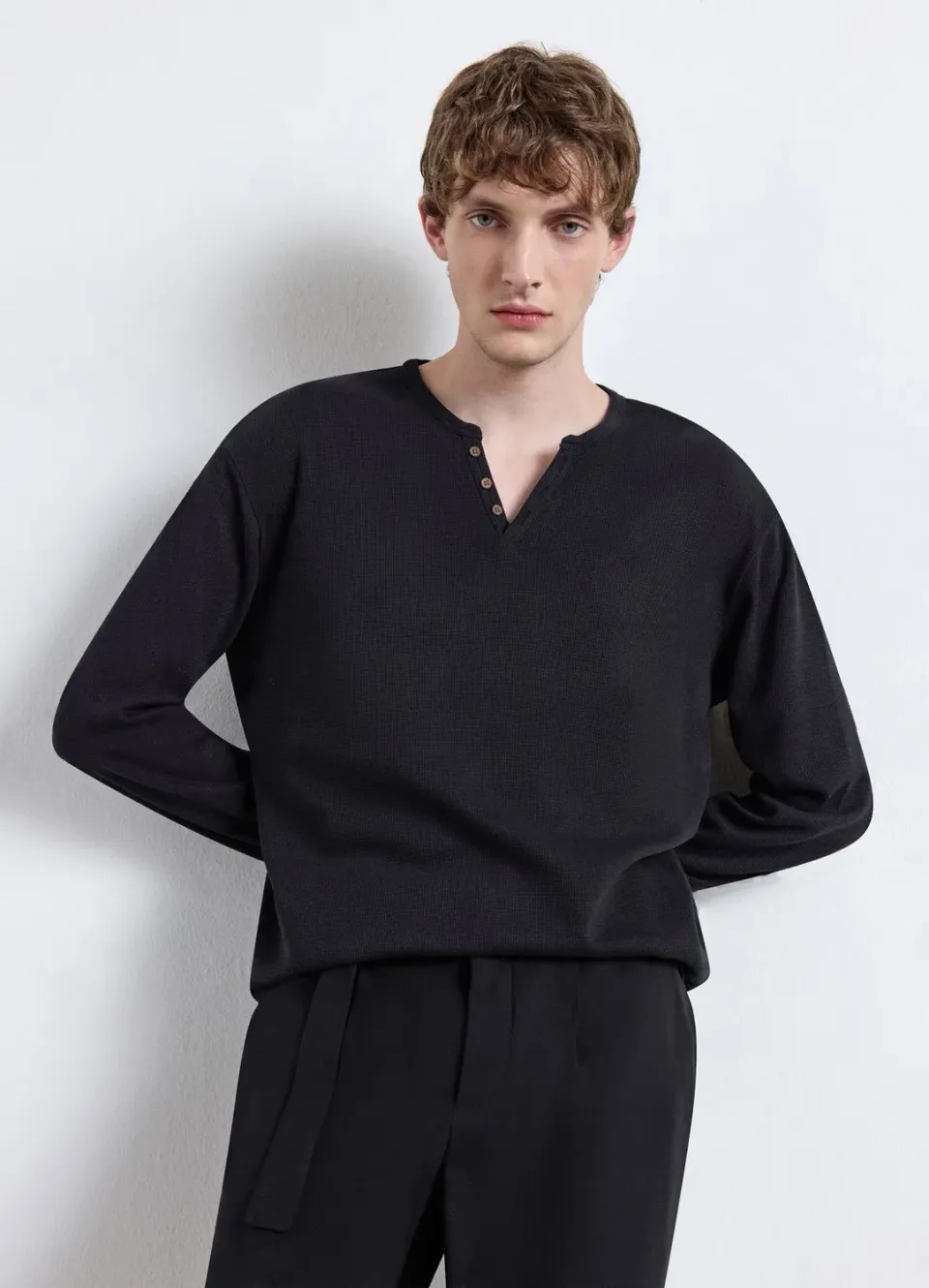 Calliope T-shirt serafino waffle homme manches longues uni