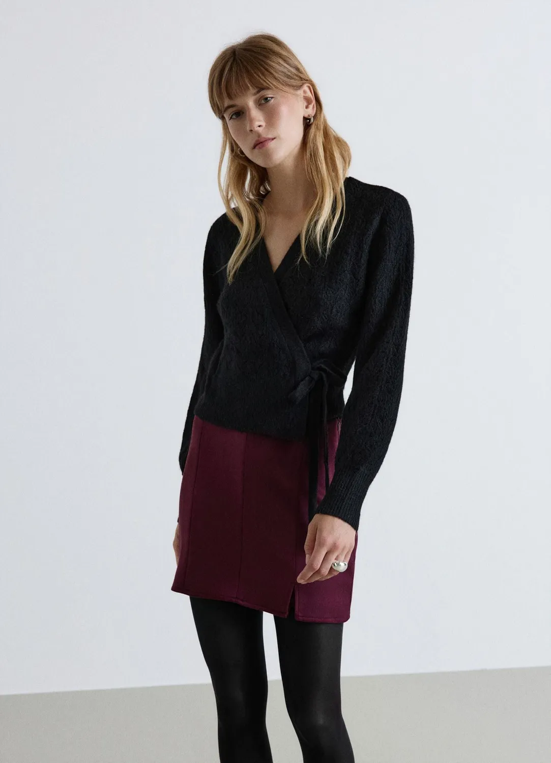 Calliope maille ajourée gilet cache-cœur femme ceinture