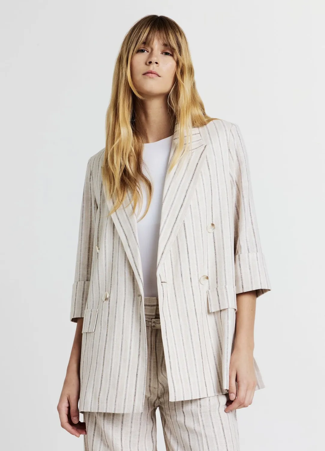 Calliope Blazer Rayé Lin Femme Double-Boutonné