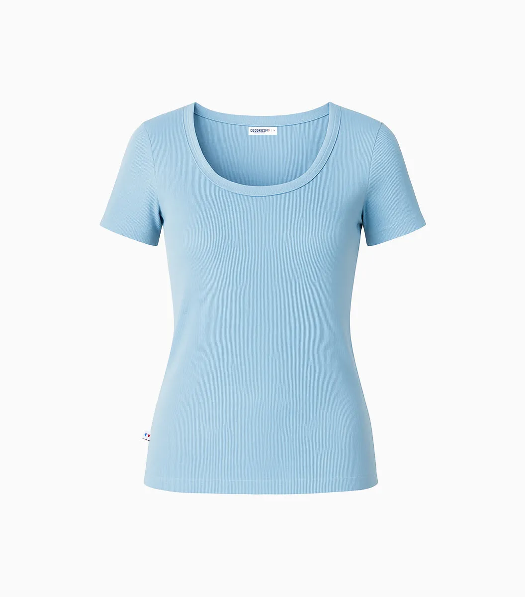 Cocorico Intemporel t-shirt femme ciel côtelé