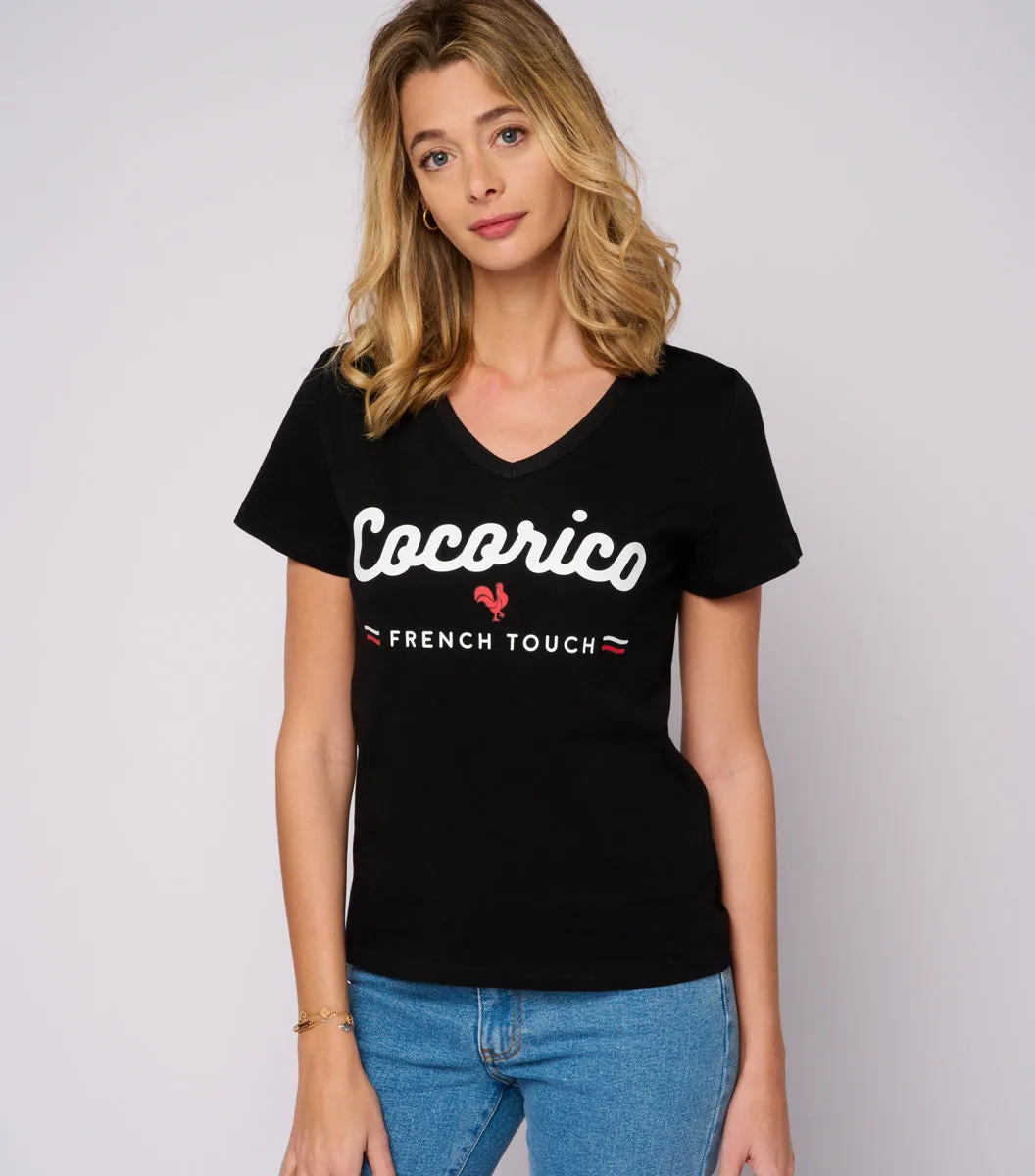 Cocorico French Touch t-shirt col V femme noir coton