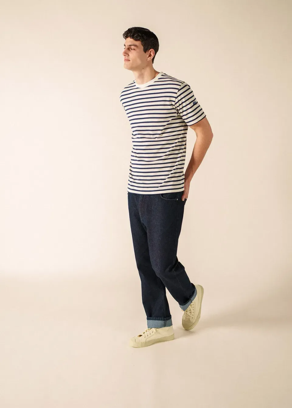Saint James Plouider mariniere coton ecru marine homme