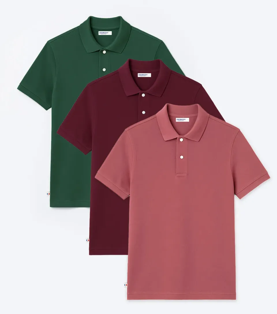 Cocorico polo homme x3 bordeaux sapin rose coton