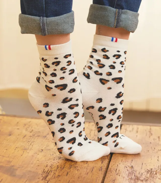 Cocorico Léopard chaussettes femme blanc coton