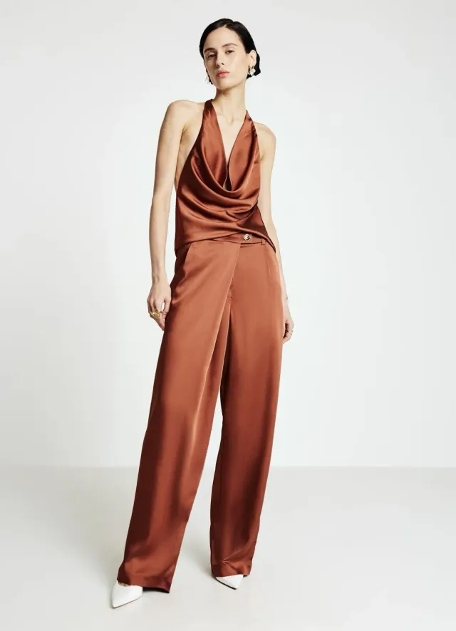 Calliope Pantalon Palazzo Satiné Pli Asymétrique Femme