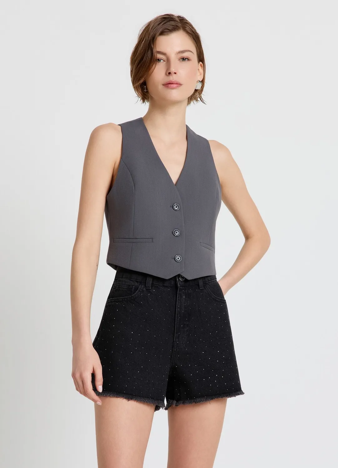 Calliope short jean femme strass effiloché