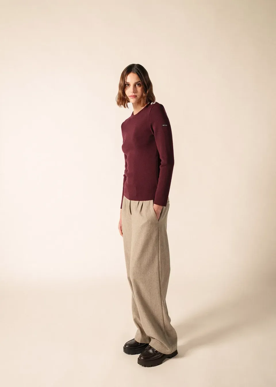 Saint James Bianca pantalon beige foncé flanelle laine
