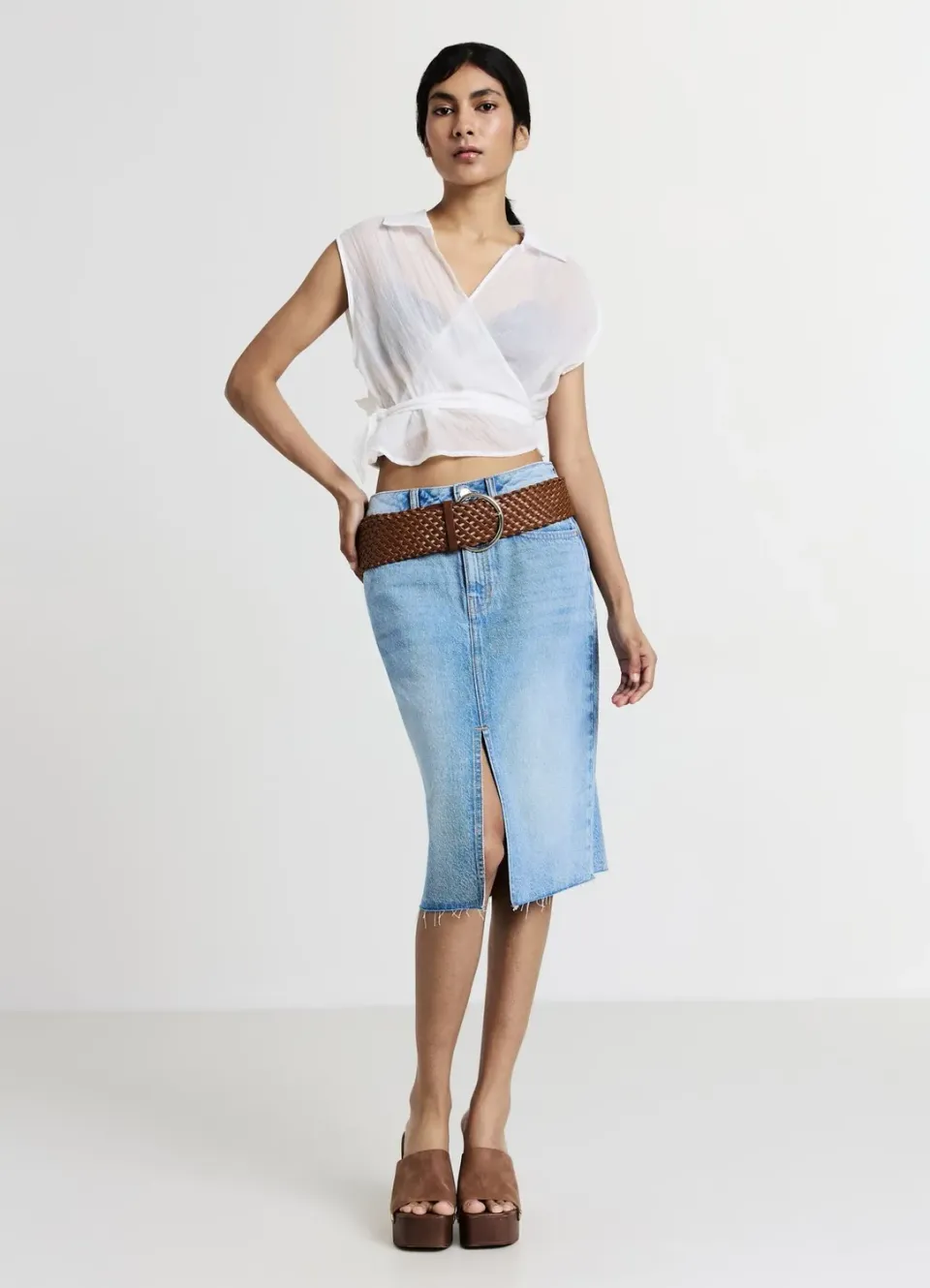 Calliope Jupe Longuette Denim Femme Fente Coupe Regular