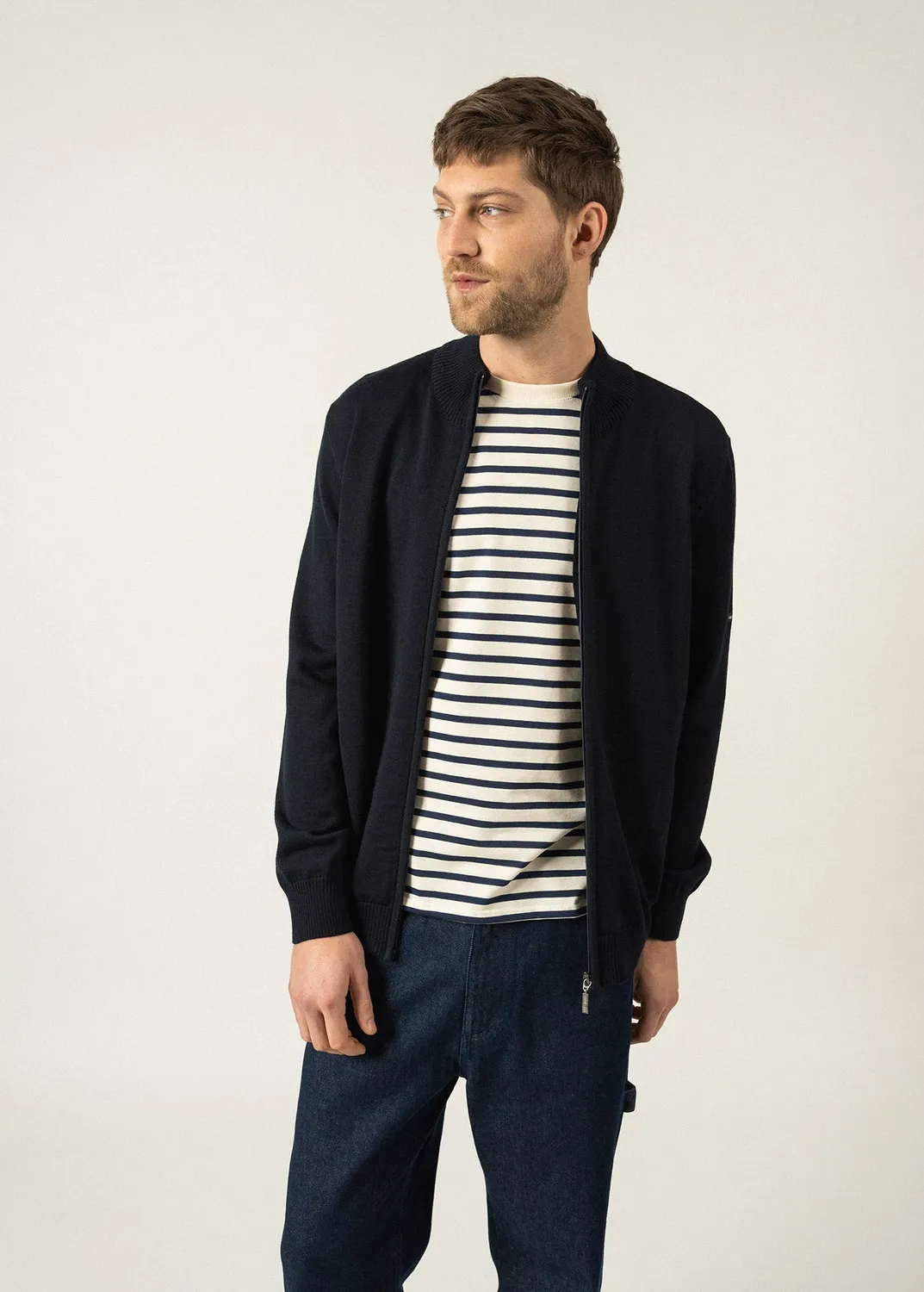 Saint James Colorado gilet laine navy gris col zippé homme