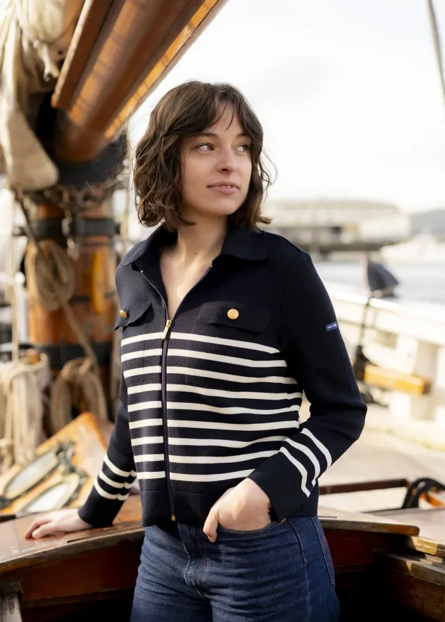 Saint James Richelieu veste navy écume laine col polo