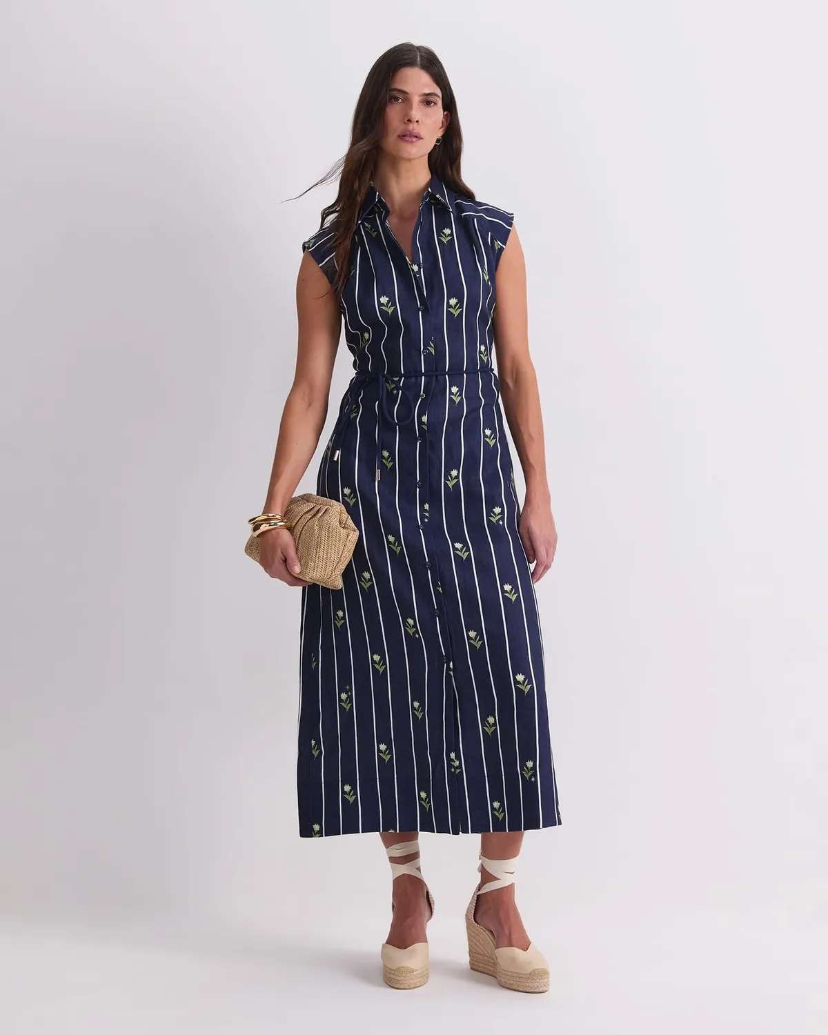 Sportscraft Hampton robe chemise lin midi rayures fleurs