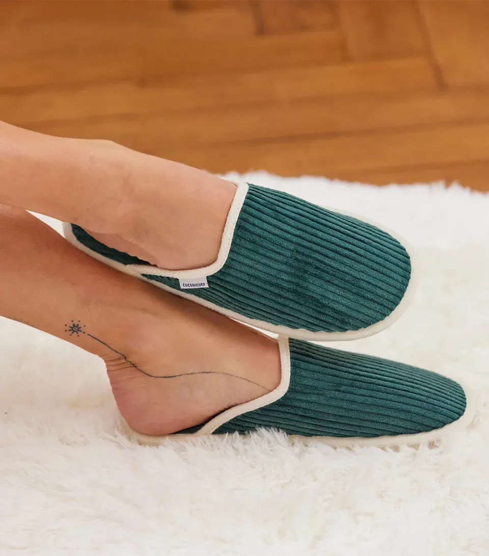 Cocorico Velours mules femme sapin antidarapant