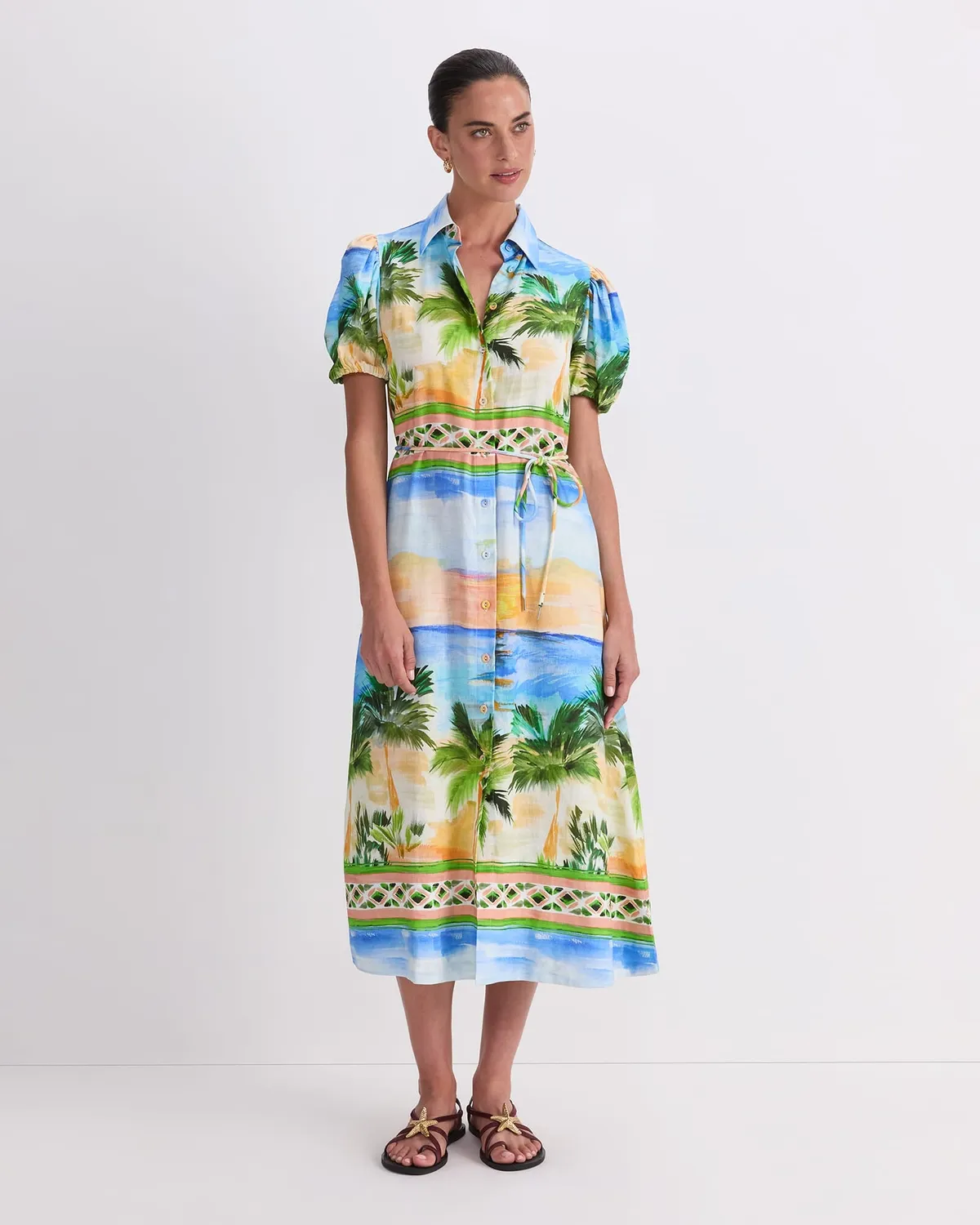 Sportscraft Sunset Palm robe lin imprimé maxi