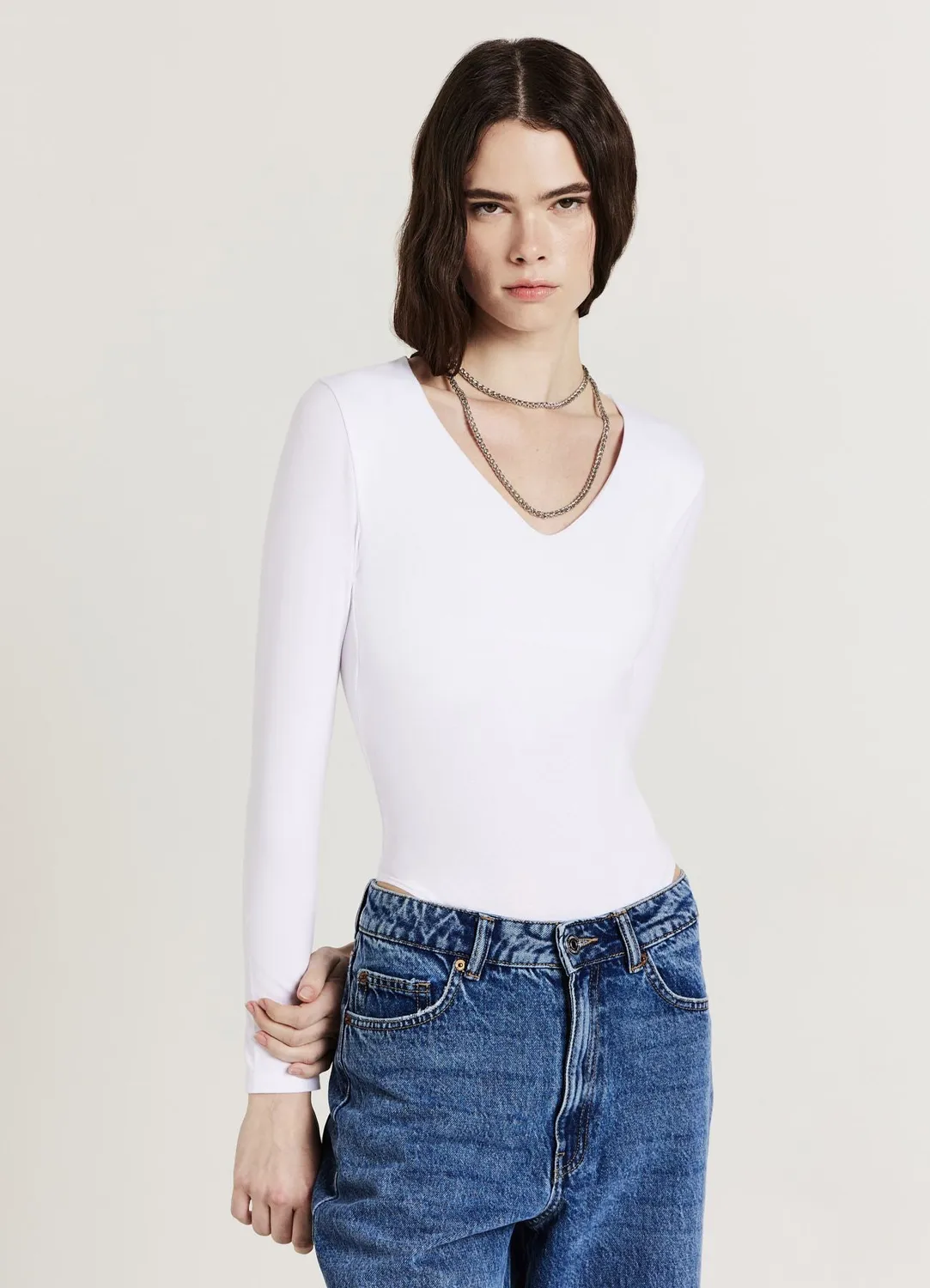 Calliope Body col V femme manches longues coton