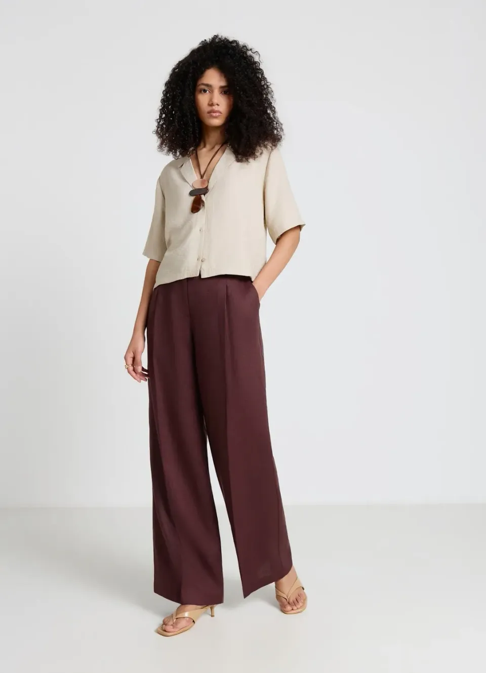 Calliope pantalon palazzo lin femme taille haute uni
