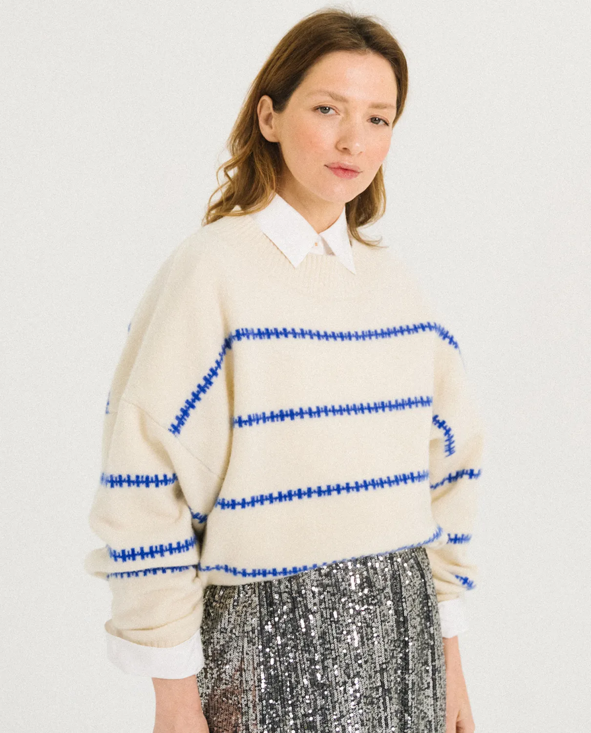 TINSELS FINLAND ECRU pull laine mérinos rayé