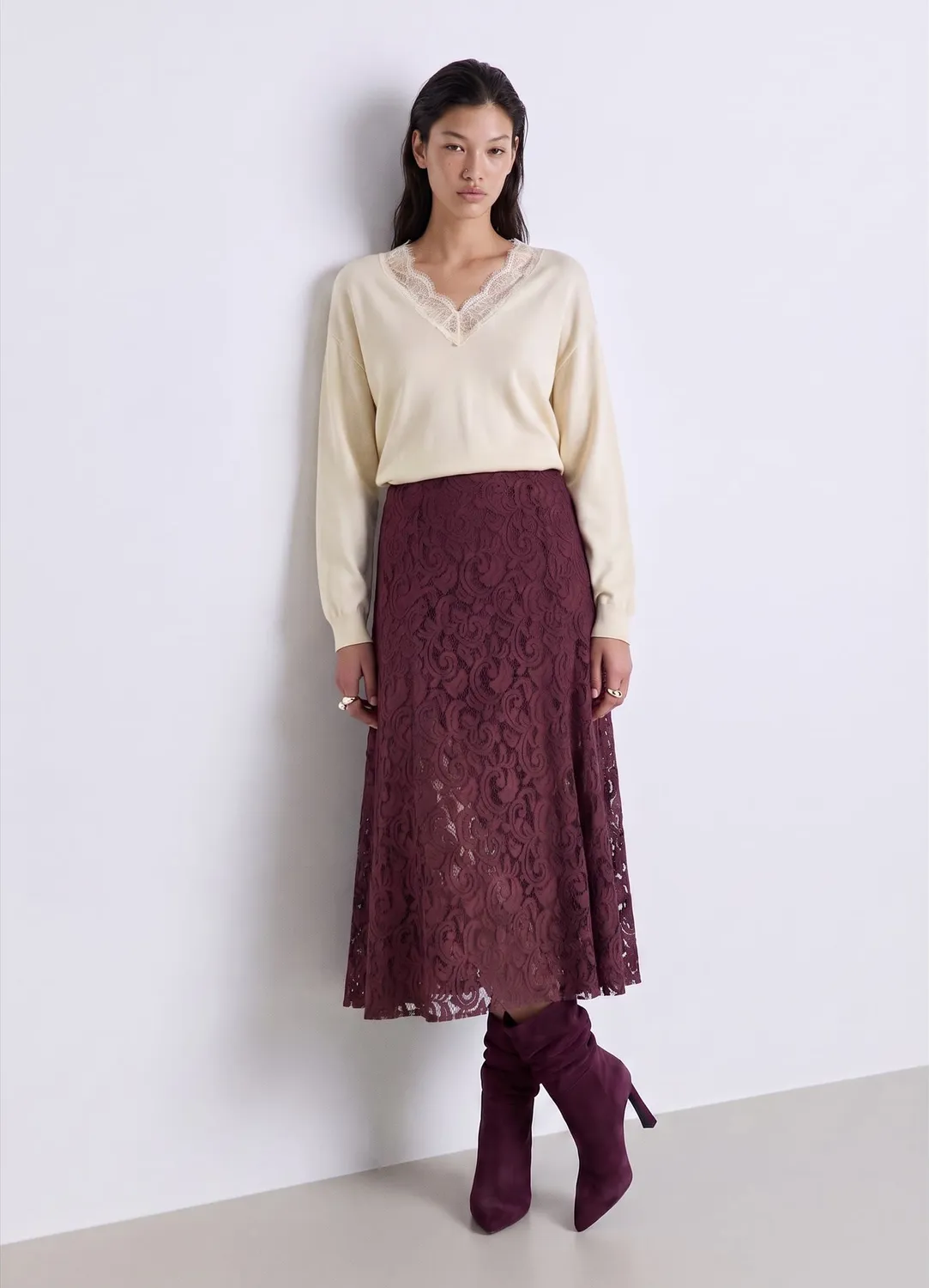 Calliope pull col V dentelle femme uni