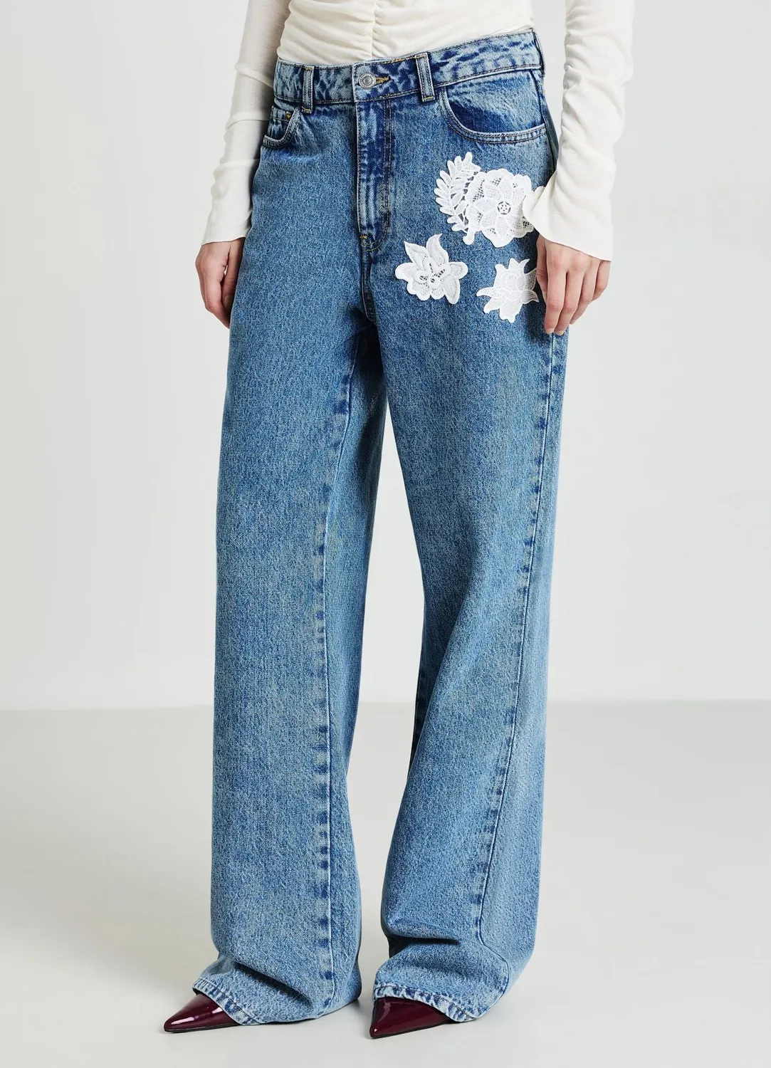 Calliope jean dentelle macramé femme coupe longue