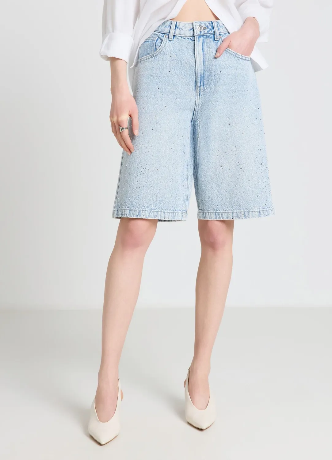 Calliope Bermuda denim femme strass taille haute