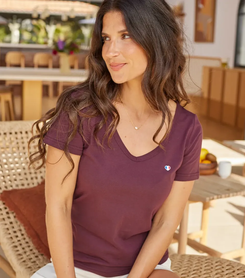 Cocorico Iconique t-shirt col V femme bordeaux coton
