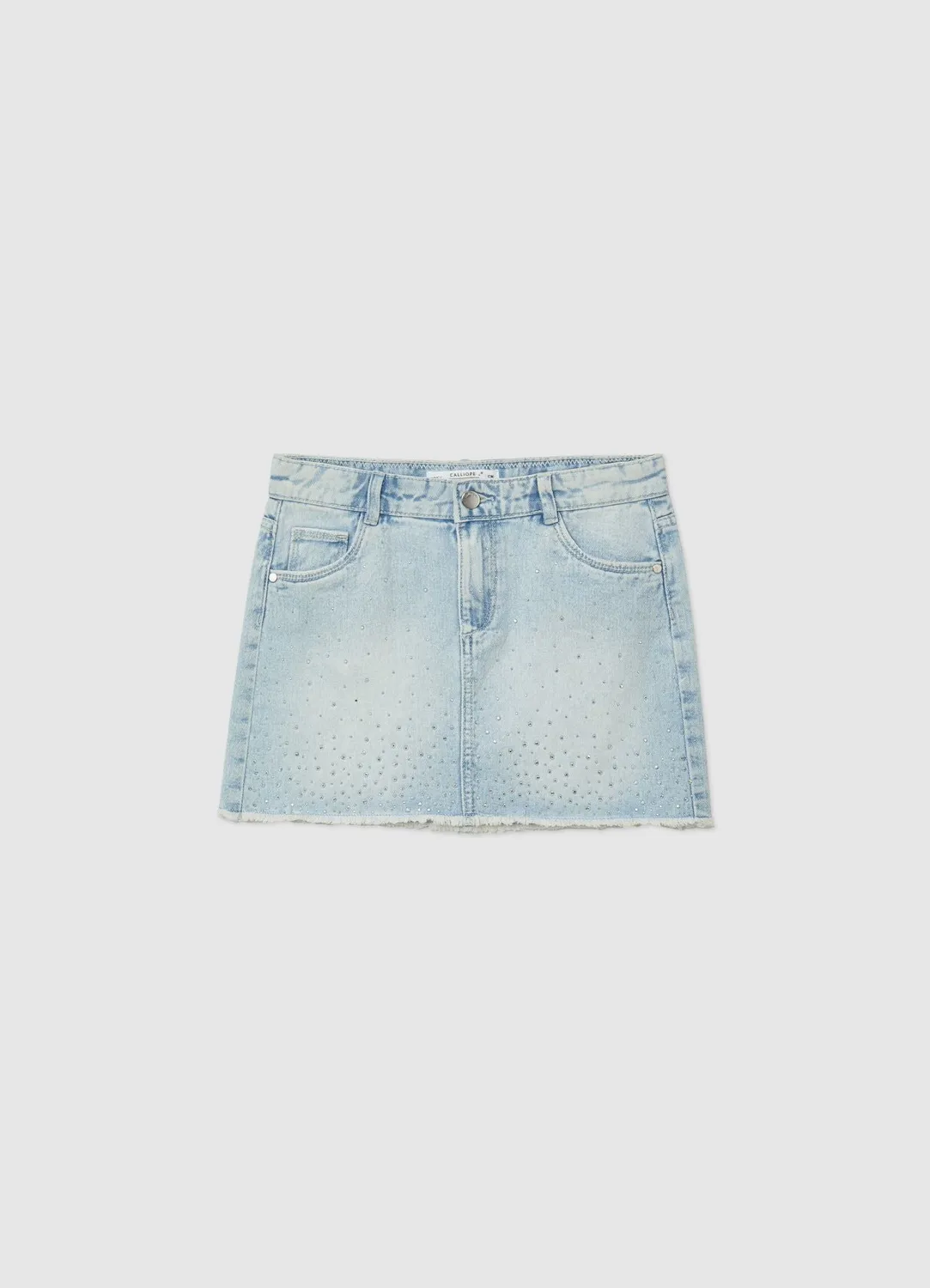 Calliope mini-jupe fille denim strass frangée