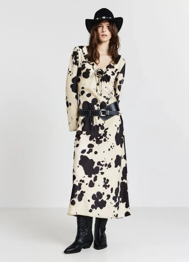 Calliope robe longue femme satin volants imprimée
