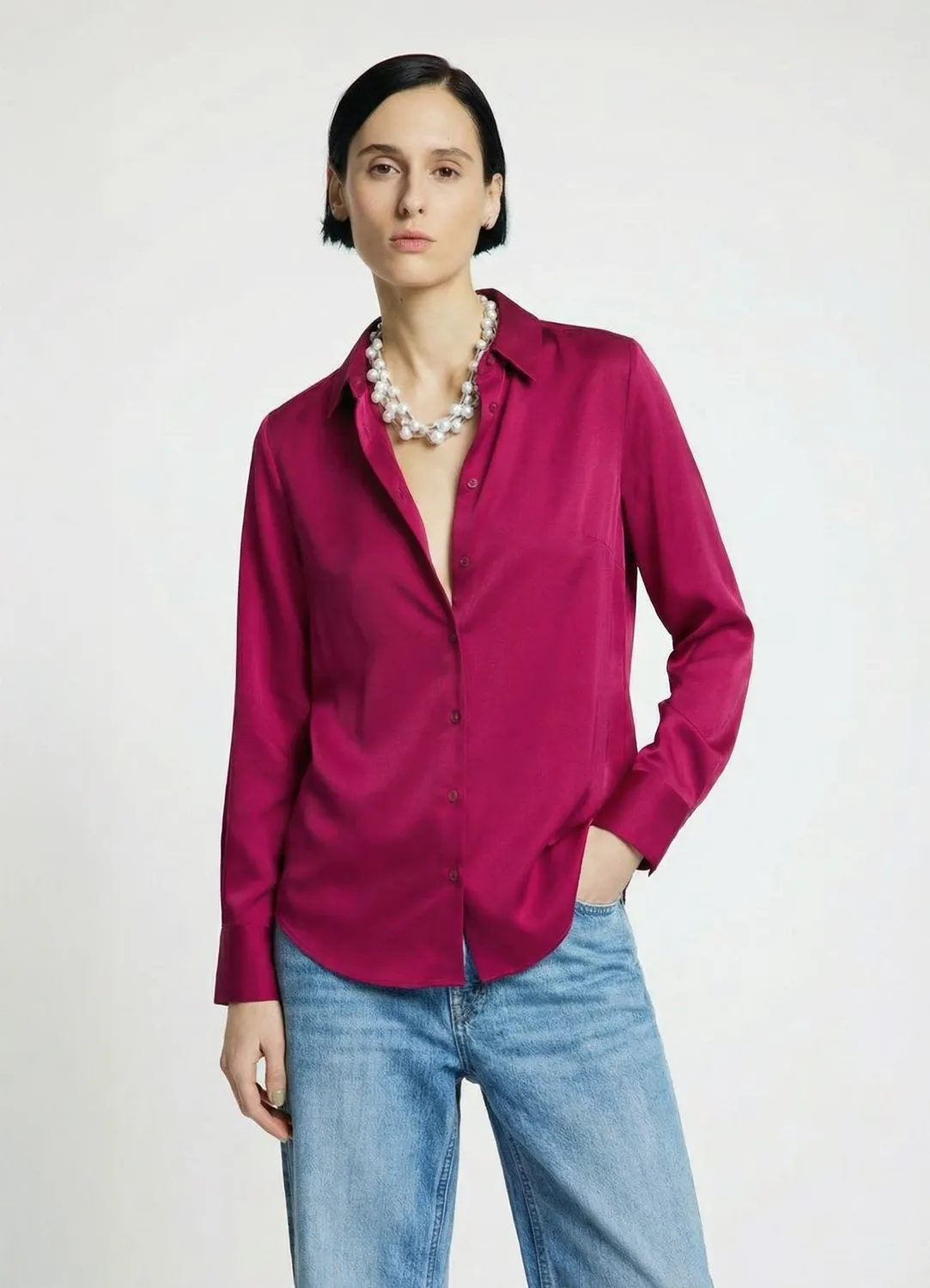 Calliope chemise satinée unie femme manches longues