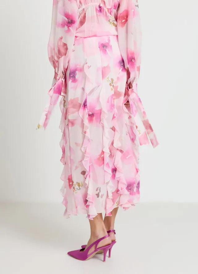 Calliope jupe midi femme fleurs à volants fluide