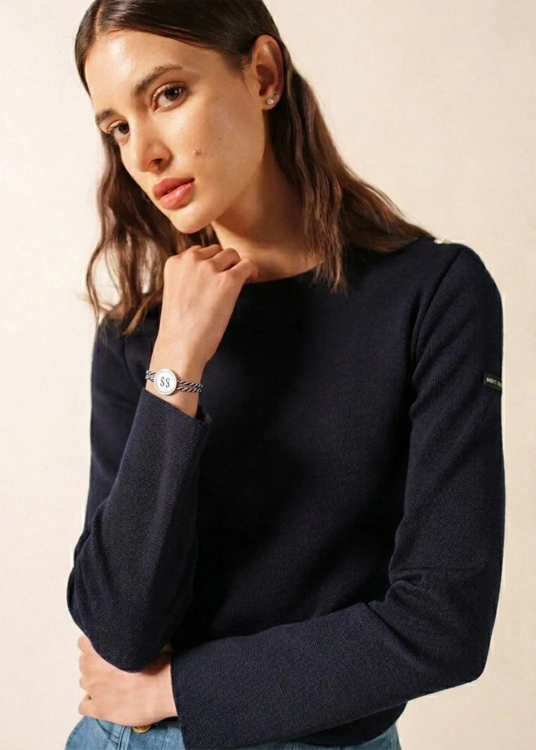 Saint James Marée pull marin navy + bracelet bouton laine