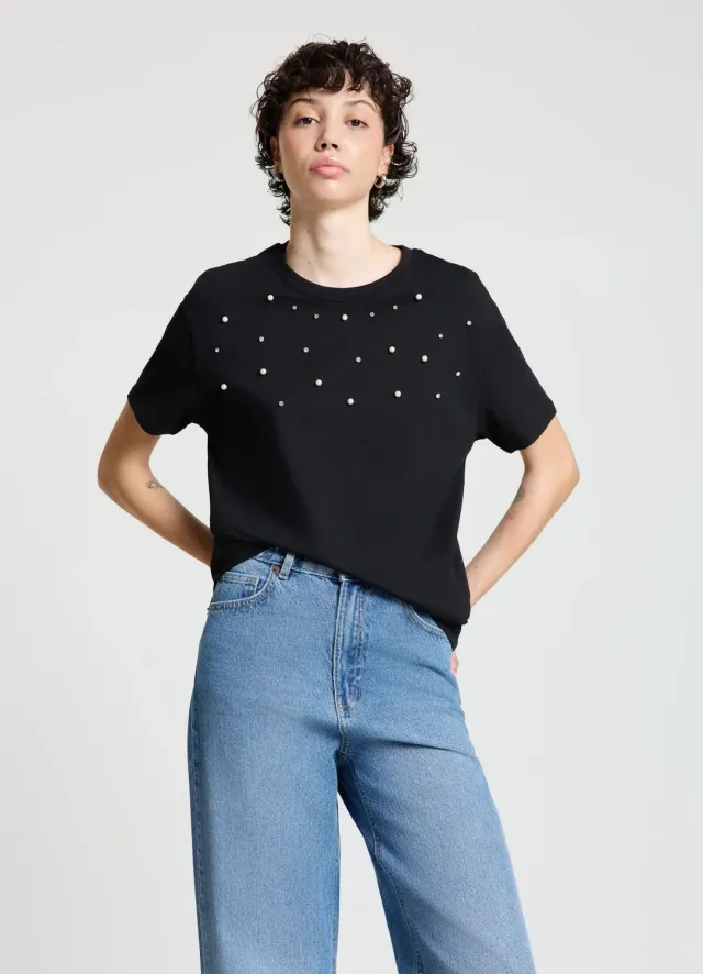Calliope t-shirt perles strass femme col rond noir