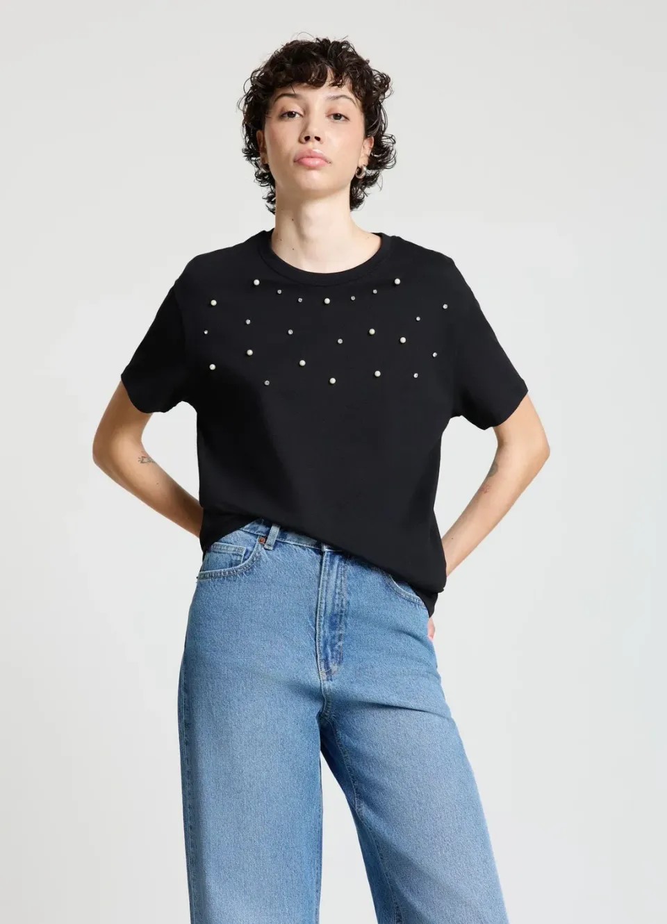 Calliope t-shirt perles strass femme col rond noir