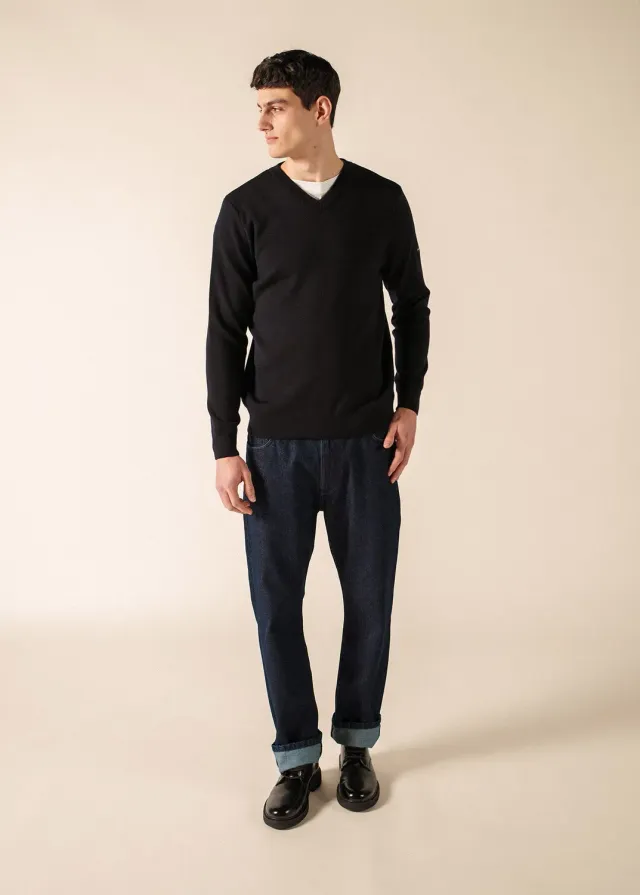Saint James Cuirassé pull col V navy laine homme