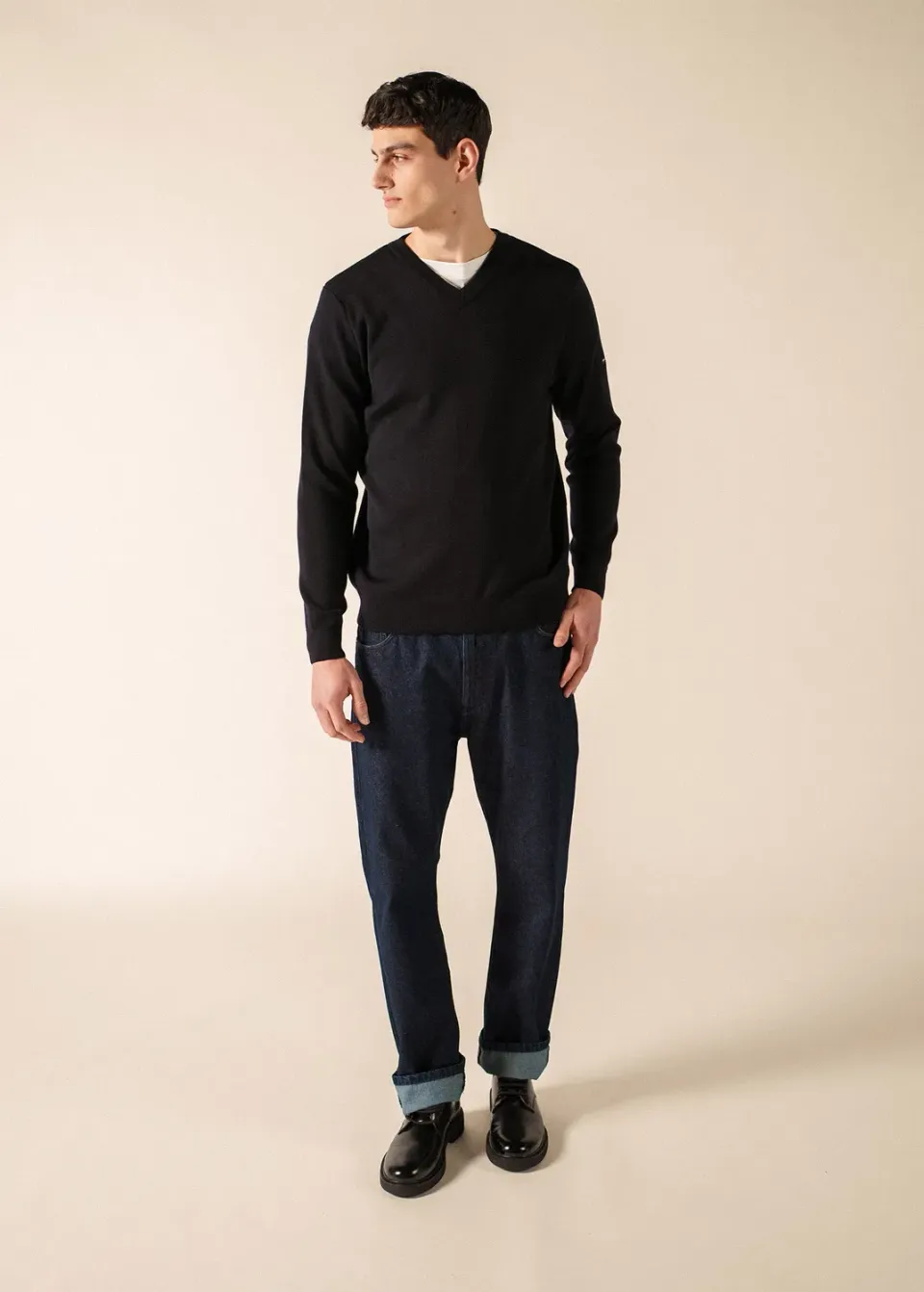 Saint James Cuirassé pull col V navy laine homme