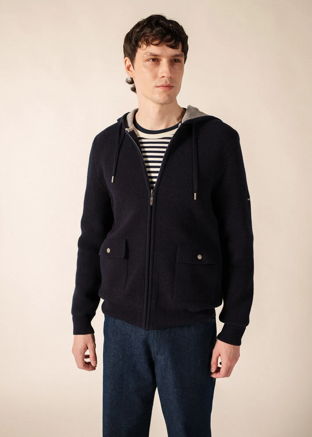 Saint James Oban gilet homme amiral gris laine capuche