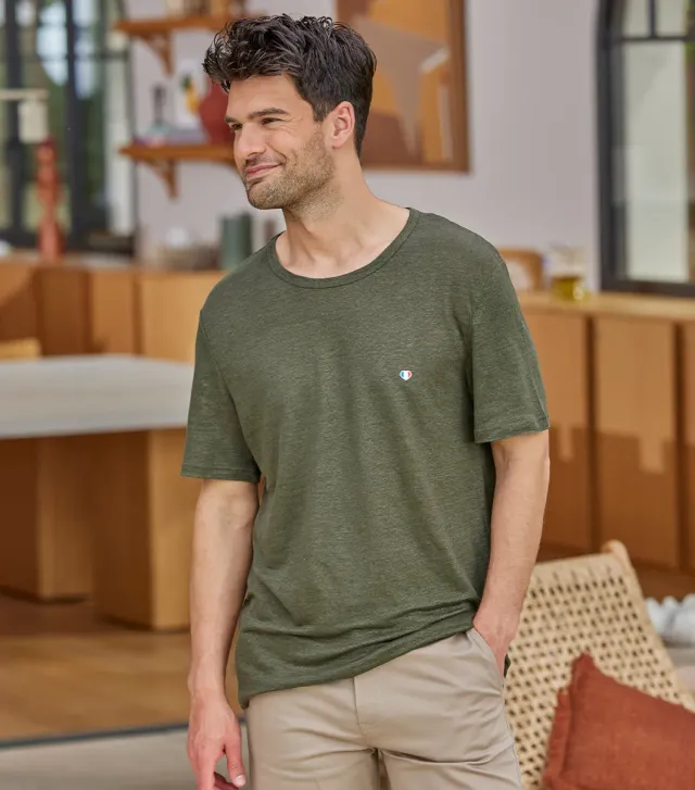 Cocorico Iconique t-shirt homme lin kaki coupe droite