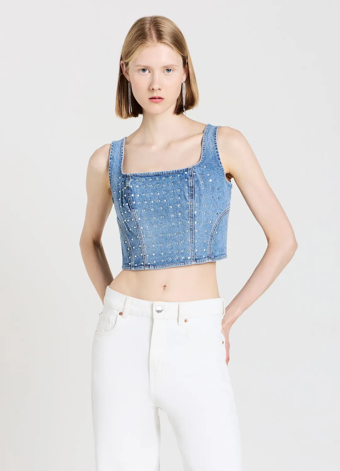 Calliope top crop denim strass bretelles larges