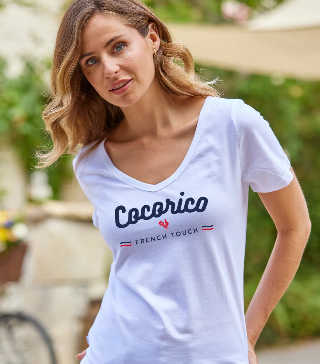 Cocorico French Touch t-shirt col V femme blanc coton
