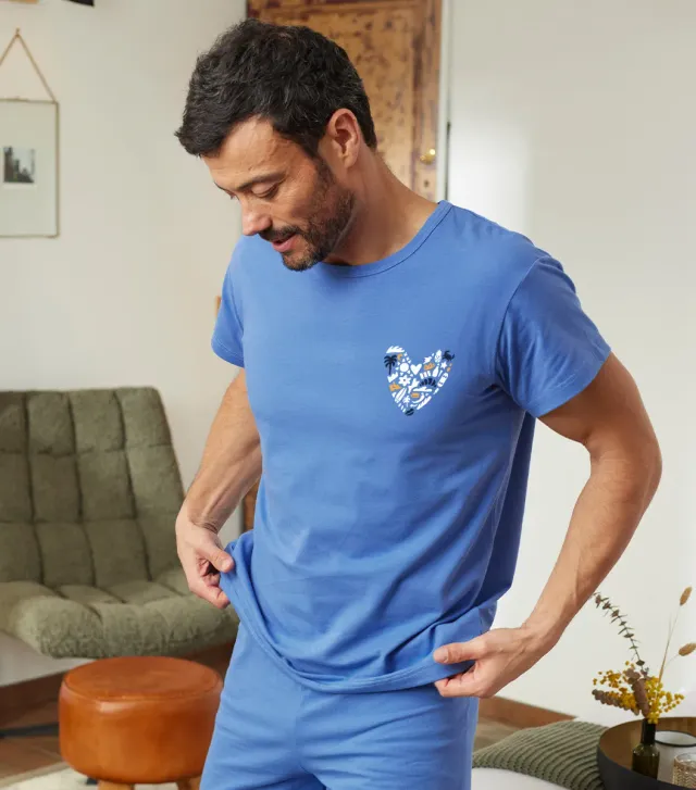 Cocorico Rêveur t-shirt pyjama homme Bleu Riviera coton