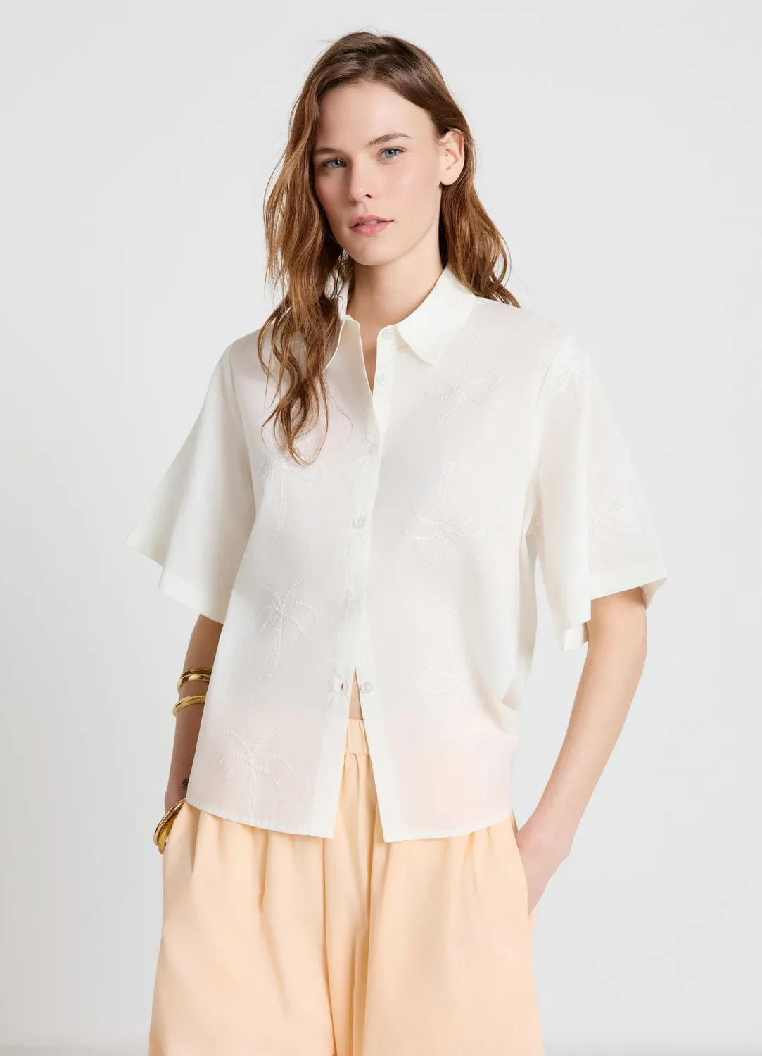 Calliope Chemise Palmes Femme Broderie Manches Courtes