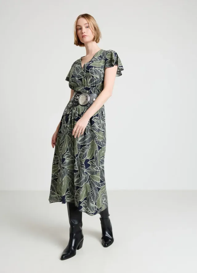 Calliope robe longue imprimé feuilles col V XS-XXL fluide