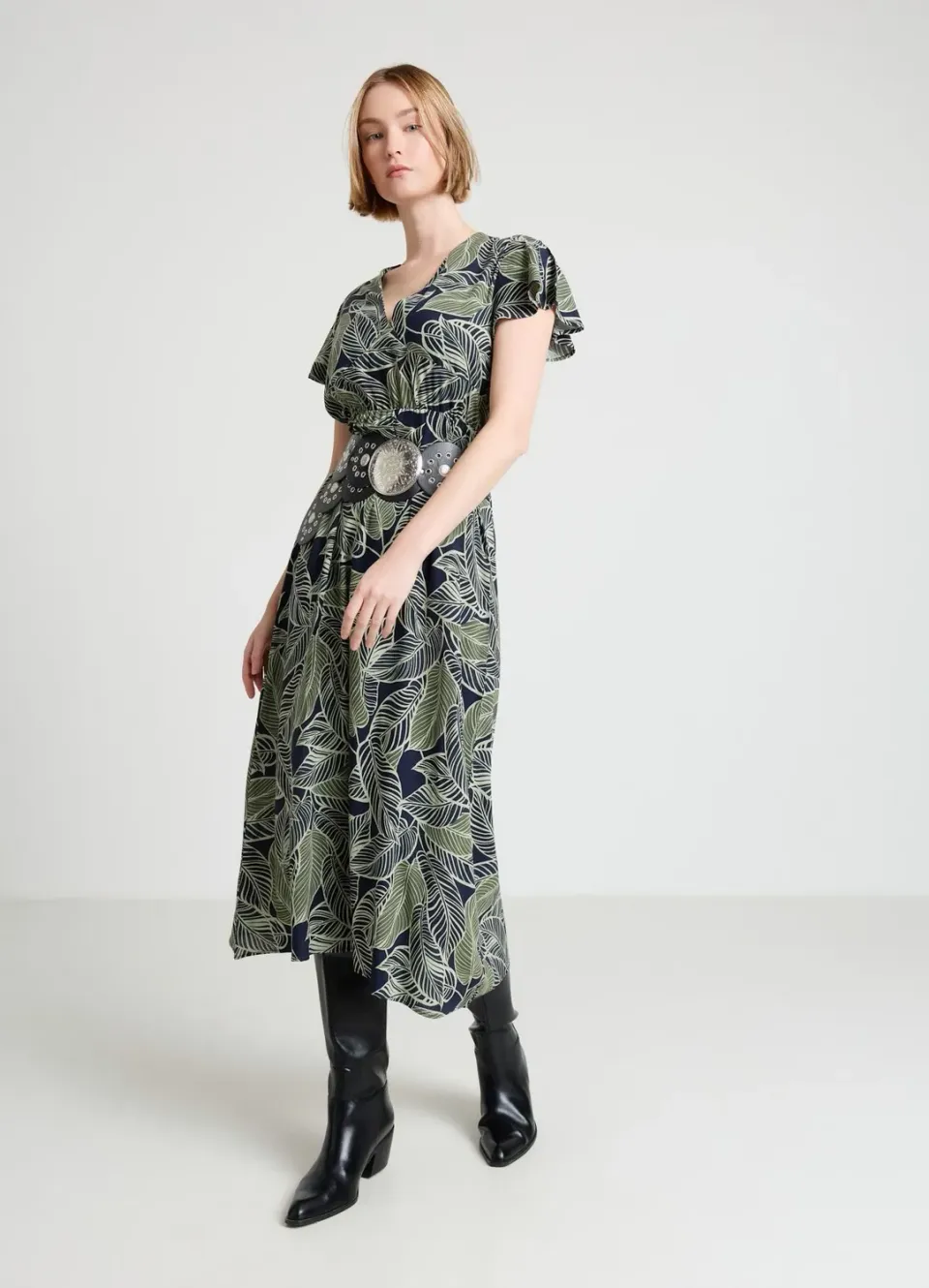Calliope robe longue imprimé feuilles col V XS-XXL fluide