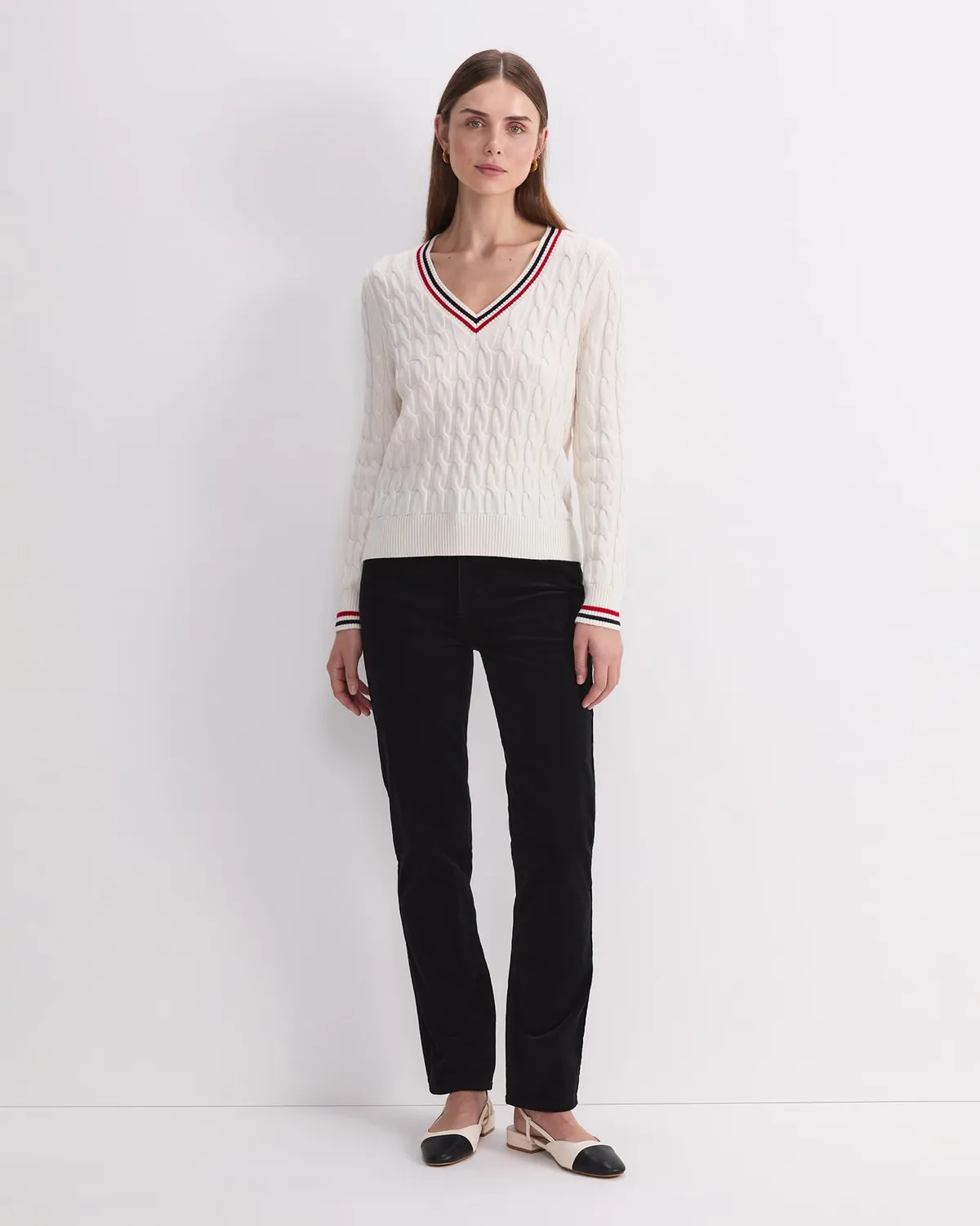 SportsCraft Merino Cable pull col V laine extra-fine femme