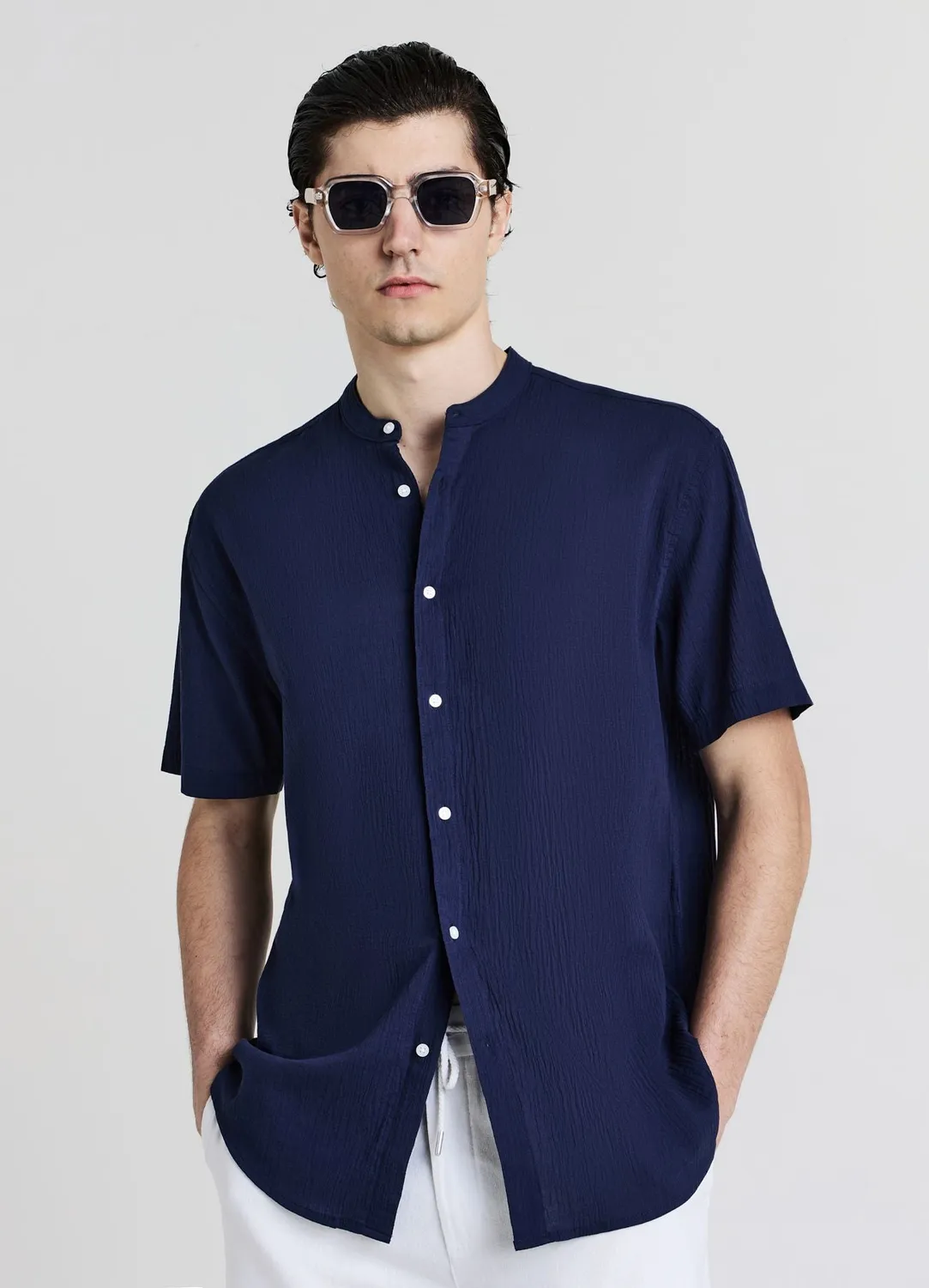 Calliope chemise homme col coréen coton crinkle