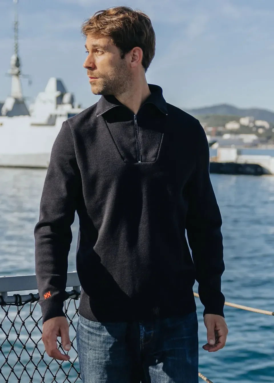 Saint James Sextant pull navy laine col zippé