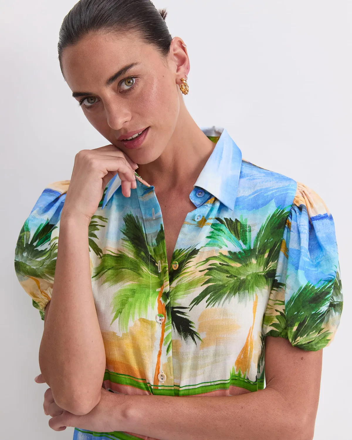 Sportscraft Sunset Palm robe lin imprimé maxi