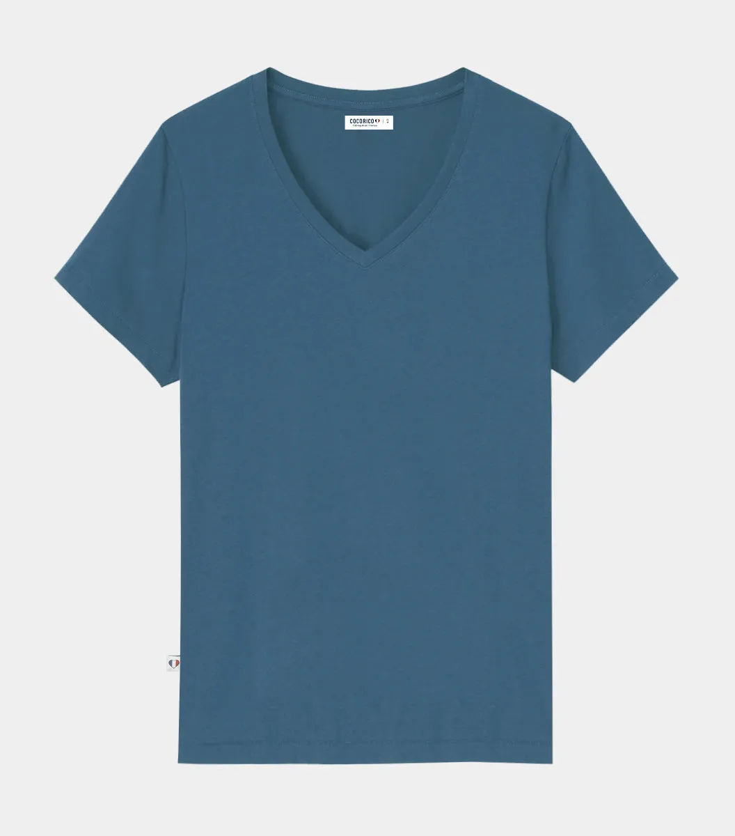 Cocorico Intemporel Azur t-shirt col V femme azur 100% coton