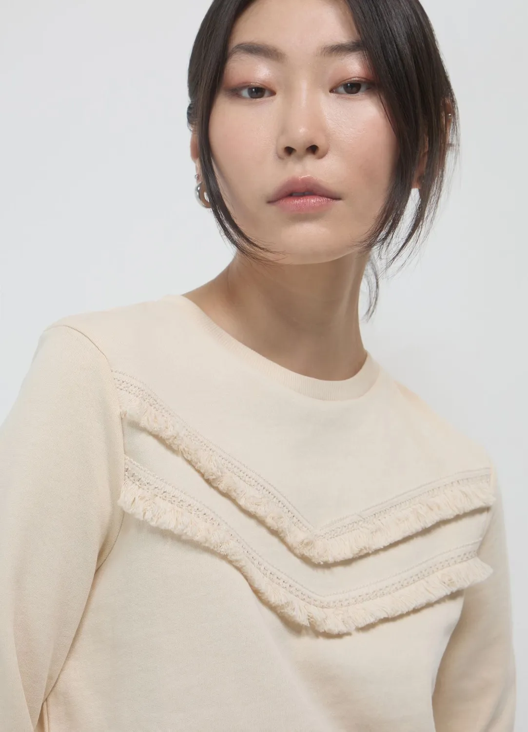 Calliope pull coton femme col rond franges